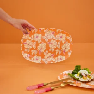 RICE-   Piatto piano grande rettangolare arancione Faded Hibiscus Print
